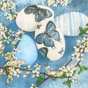 zvětšit obrázek - Ubrousky  3vrstvé  modro-bílá vajíčka s motýlky   33 x 33cm       20ks