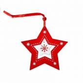více - Vánoční závěsná dekorace dřev. hvězda  8,5cm červeno-bílá