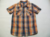 více - 1105 Košile kr.rukáv modro-oranžově károvaná  7-8 let  v.128