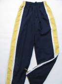 více - 2607 Šusťákové kalhoty s podšívkou tm.modré, žluto-bílé lampasy   7 let  v.122