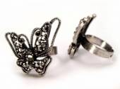 více - Velký kovový prsten motýl s kamínky, nastavitelný, stříbrný