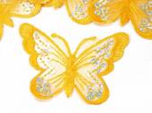 více - Nažehlovací nášivka motýl, žlutý s flitříky