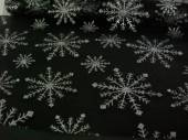 více - Dekorační organza průsvitná černá se stříbrnými vločkami  š. 36cm