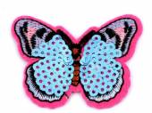 více - Nažehlovačka motýl,s flitry - růžovos-sv.modrý