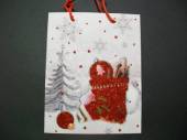 více - Vánoční dárková taška střední červeno-bílá s glitry - ponožka