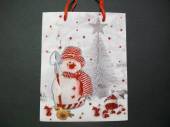 více - Vánoční dárková taška střední červeno-bílá s glitry - sněhulák