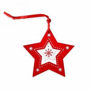zvětšit obrázek - Vánoční závěsná dekorace dřev. hvězda  8,5cm červeno-bílá